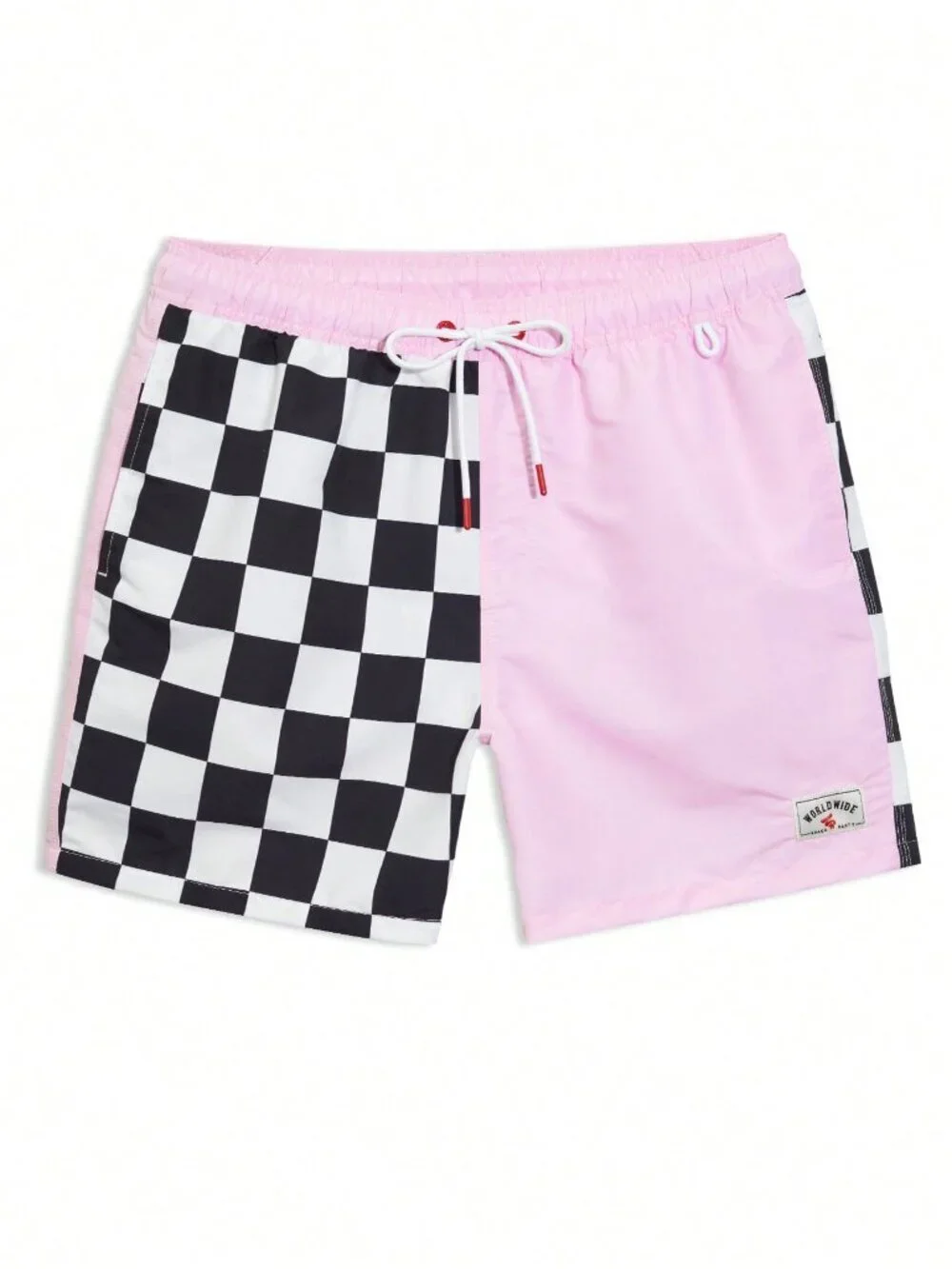Pink Vacation Men's Shorts with Patchwork & Checkerboard Print, Drawstring Waist